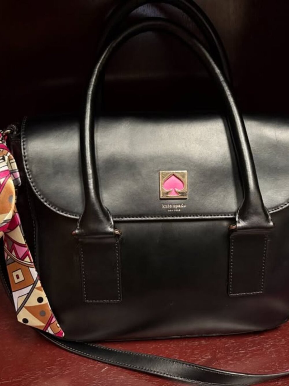 Kate Spade Soft Black Leather Spade Logo Flap Satchel + Crossbody Strap (2019–20